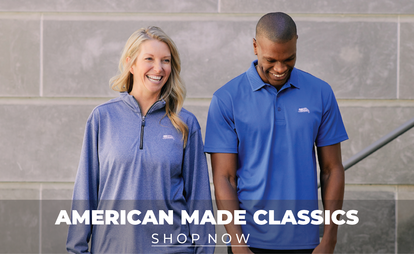 Models wearing moisture wicking polo and performance quarter zip