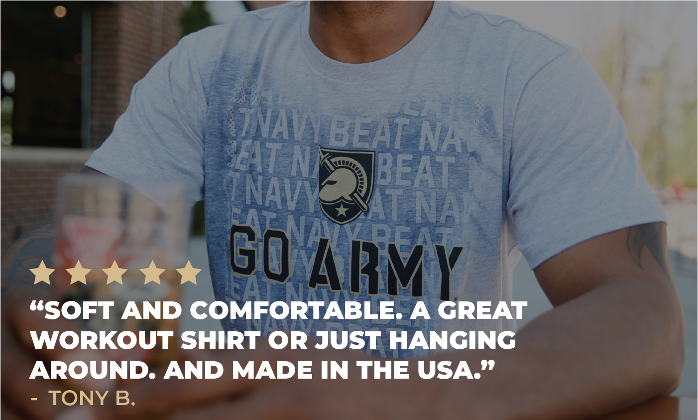model wearing go army beat navy sweat tee with customer review